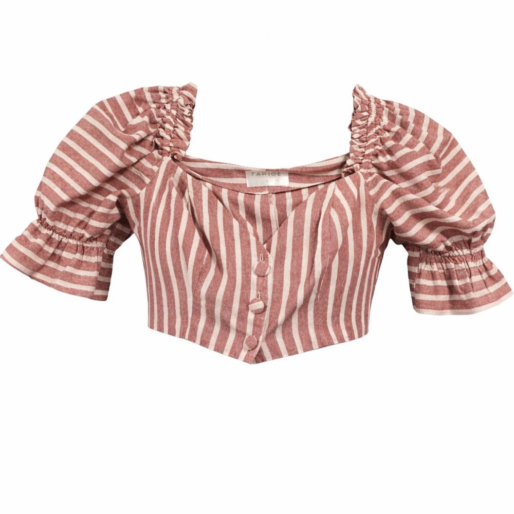 Faride‎ Red Cream Striped Crop Top Small Boho Cottagecore Peasant July 4th